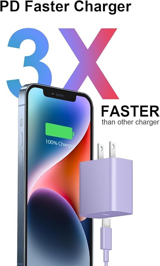 iPhone 14 13 12 Fast Charger 20W PD USB C Wall Charger with 6FT Fast Charging Cable for iPhone 14/14 Pro/14 Pro Max/14 Plus/13/12/11/Pro/Pro Max/Mini/Xs Max/X, iPad - Purple