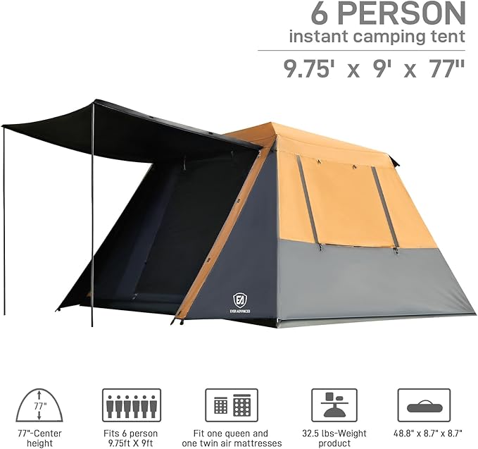 EVER ADVANCED Blackout 6 Person Camping Tent, Instant Cabin Tent for Family with Vestibule and Large Mesh Windows, 60s Easy Setup, Double Layer, Water-Resistant