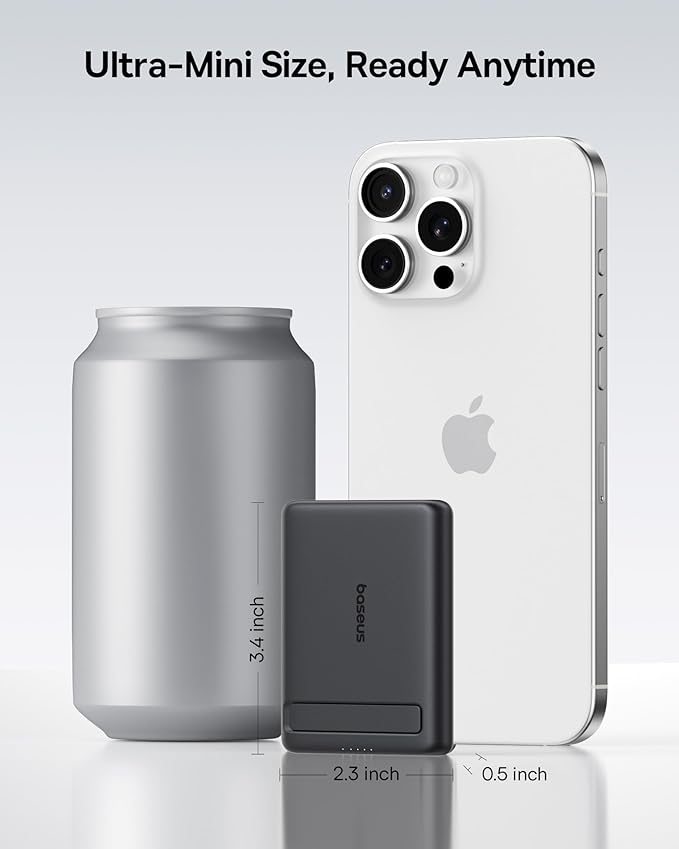 Baseus Picogo Power Bank, Smallest Qi2 Certified 15W MagSafe Portable Charger, 0.5" Ultra Slim 5000mAh Magnetic Battery Pack with Stand, Alloy Wireless Charger for iPhone 17 Pro Max/17 Air/16 Series