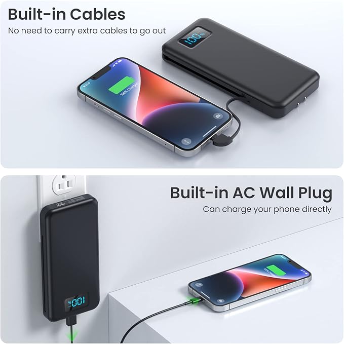 Portable Charger with Built-in AC Plug and Cables,13800mAh USB C Fast Charging Power Bank,Travel Essentials Portable Phone Charger Battery Pack for iPhone 17/16/15/14/13,Galaxy,Android-Graphite Black