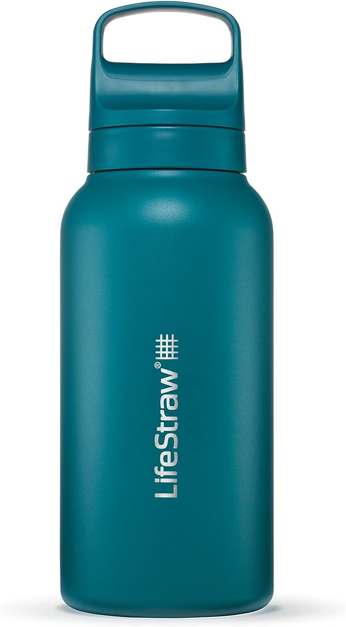LifeStraw Go Series — Insulated Stainless Steel Water Filter Bottle for Travel and Everyday Use Removes Bacteria, Parasites and Microplastics, Improves Taste, 1L Laguna Teal