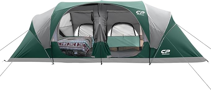 CAMPROS CP Tent 12-Person-Camping-Tents,3 Room Family Tents,Waterproof Windproof Family Tent with Top Rainfly,6 Large Mesh Windows,Double Layer,Easy Set Up, Portable with Carry Bag-20' x 9' x 72"(H)