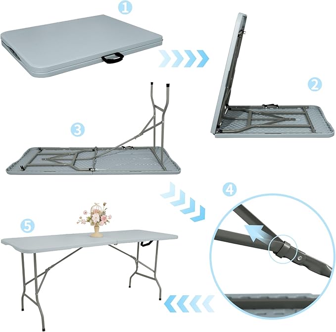 Set of 2 Folding Table 6 FT Lightweight Camping Table Portable Plastic Rectangular Outdoor Dining Table Steel Legs Fold-in-Half with Carrying Handle for Indoor,Picnic,Party,Wedding,Events(Grey)