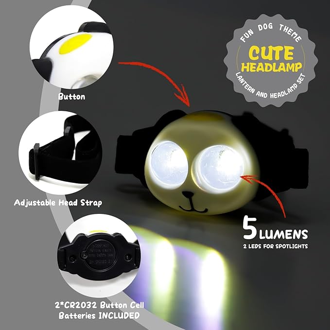 Outdoor Kids Camping Lanterns & Headlamp Set, Battery Powered Night Light, Lightweight LED Equipment, Birthday Christmas Gift (Dog Set)