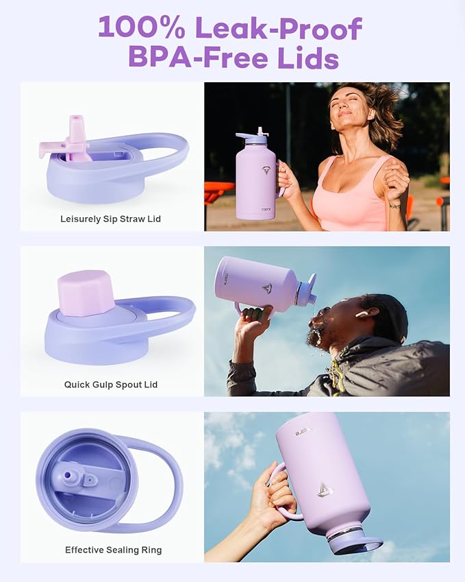 64 oz Water Bottle Insulated with Handle and Carry Pouch, Half Gallon Stainless Steel Water Bottles Mug with Straw Lid Spout Lid,Reusable Metal Tumbler Jug Flask Cup,Keep Cold & Hot,Purple