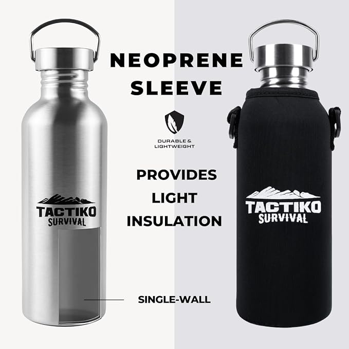 Tactiko Survival Stainless Steel Wide Mouth Water Bottle, Single Wall Boil-Safe, Leakproof, BPA-Free with Carry Sleeve and Strap for Camping, Hiking, Outdoor Prep (Black, 34 oz / 1000 ml)
