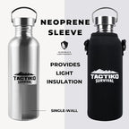 Tactiko Survival Stainless Steel Wide Mouth Water Bottle, Single Wall Boil-Safe, Leakproof, BPA-Free with Carry Sleeve and Strap for Camping, Hiking, Outdoor Prep (Black, 34 oz / 1000 ml)