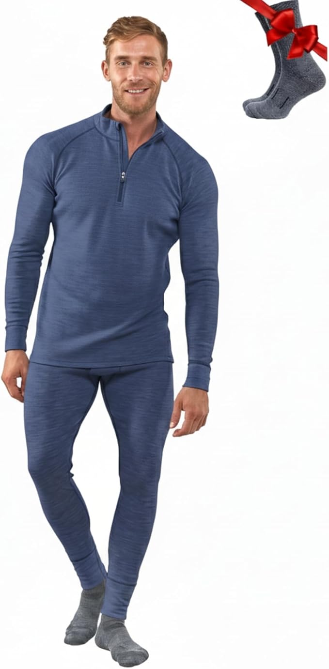 Merino.tech Men’s Merino Wool Base Layer Set – Zip-Up Heavyweight, Midweight Thermal Top & Bottom