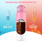 32oz Water Bottle with Removable Straw and Spout Lid Two Ways to Drink, 18/10 Stainless Steel Insulated Water Bottle, BPA-Free, Leak Proof, Double wall, for Sports, Gym