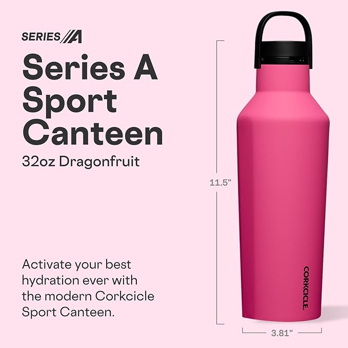 Corkcicle Sport Canteen - Keeps Drinks Cold 25 Hours - Stainless Steel Water Bottle - Triple-Insulated - Spill-Proof - Summer Drinkware Gift - Keeps Drinks Ice Cold - 32 oz - Dragonfruit