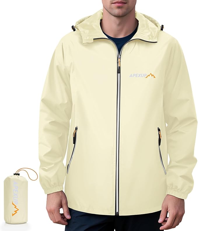 APEXUP Packable Rain Jacket Men with Reflective Zipper, Lightweight Waterproof Raincoat, Mens Rain Jacket for Outdoor Sports