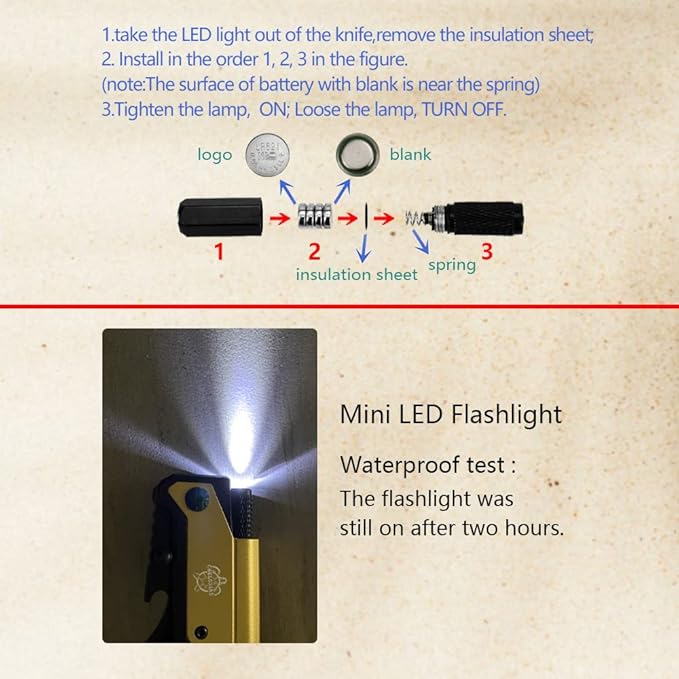 8.5" Military Outdoor Hunting Camping Pocket Knife, 7 in 1 Multi-Function Folding Knives with Fire Starter LED Light Seatbelt Cutter Glass Breaker Bottle Opener Tactical Blade (Gold)