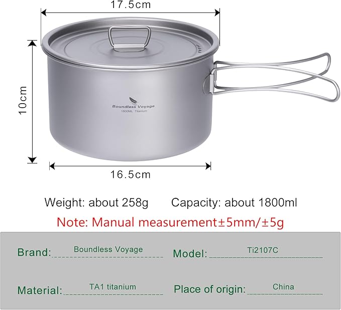 iBasingo 1.8L Titanium Cooking Pot with Lid Camping Cookware with Foldable Handle Outdoor Portable Lightweight Cooking Kit for Backpacking Hiking Picnic Fishing Mountaineering Ti2107C (1 pc)