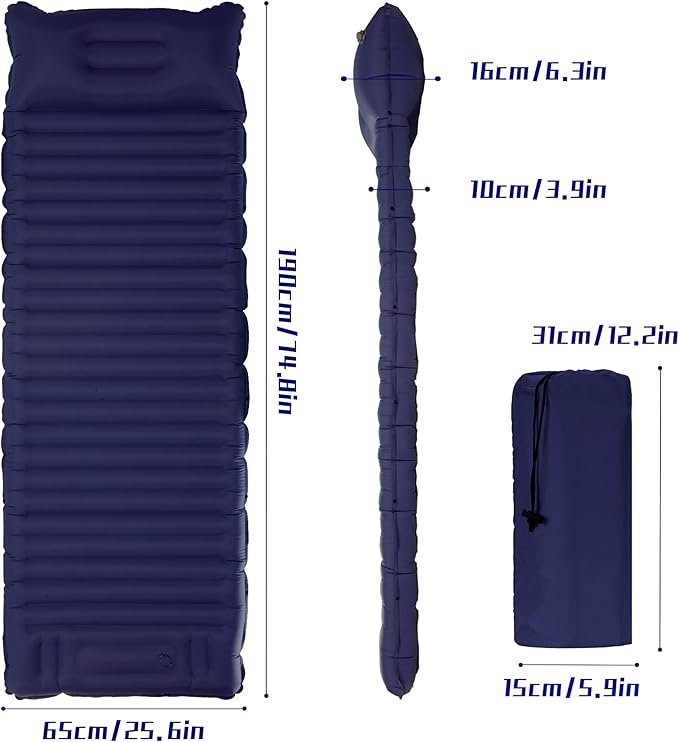 40D Self-Inflating Camping Pad, Insulated Ultralight Sleeping Mat for Backpacking, Winter Camping, 2-Layer Anti-Leak Design w/Built-in Pillow, Foot Pump Foldable Pad, Navy Blue