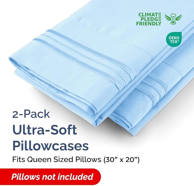 Queen Pillow Cases Set of 2 - Ultra Soft Hotel Quality Pillowcase Covers - Comfy Cozy Bedding for Women, Men, Kids & Teens - Machine Washable Pillow Protectors - 2 Pieces Set - Queen Size Light Blue