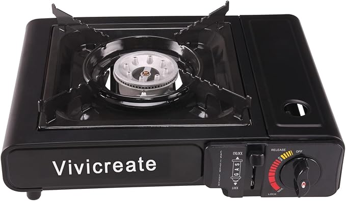 Vivicreate 8500 BTU Portable Butane Gas Stove for Camping Cooking Outdoor, Lightweight Portable Stove Burner with Auto Ignition, Estufa de Gas Portátil para Camping al Aire Libre(Black)