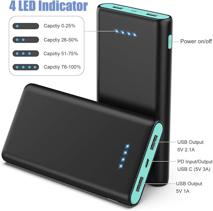 Portable Charger Power Bank 25,800mAh,5V/3A USB C in&Out Fast Phone Charging with Intelligent Smart IC,3 USB Port External Cell Phone Battery Pack Compatible with iPhone 16 15 14,GalaxyAndroid-Green
