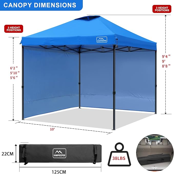 KAMPKEEPER 10x10 Pop Up Canopy Tent with 2 Sidewalls, Beach Tent - Easy Outdoor Sun Shade for Events, Parties, Camping - Gazebo with 4 Weight Bags & Carry Bag.（Blue）