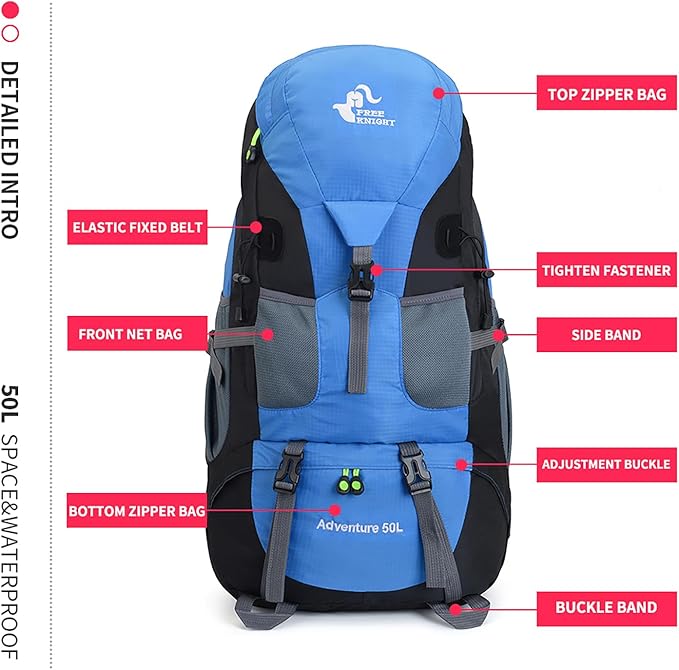 Bseash 50L Hiking Backpack, Water Resistant Lightweight Outdoor Sport Daypack Travel Bag for Camping Climbing Skiing Cycling (Light Blue - No Shoe Compartment)