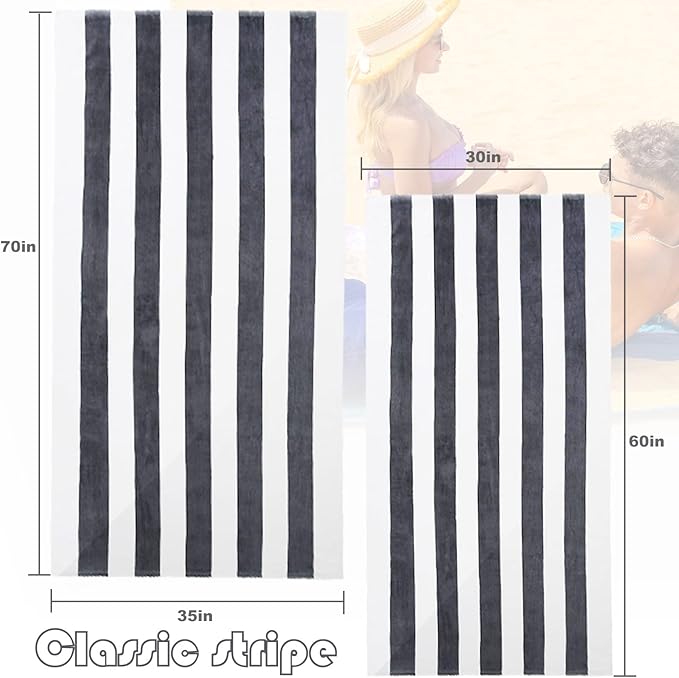 Exclusivo Mezcla 4 Pack Cotton Oversized 35x70 Inches Soft Cabana Stripe Thick Beach Towel, Super Absorbent Travel Bath Pool Towel (Charcoal Grey)