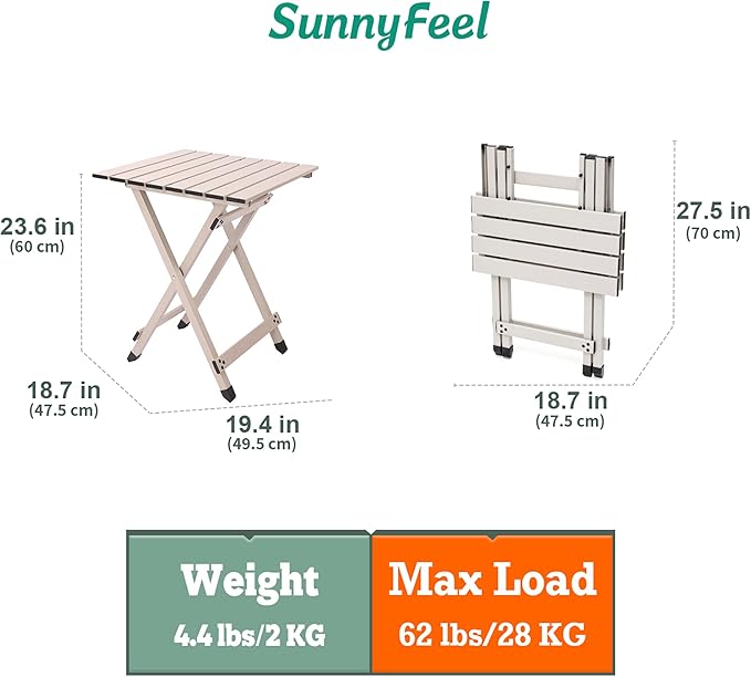 SUNNYFEEL Folding Camping Table - Lightweight Aluminum Portable Picnic Table, 18.5L x 18.5W x 24.5H Inch for Cooking, Beach, Hiking, Travel, Fishing, BBQ, Indoor Outdoor Small Foldable Camp Tables