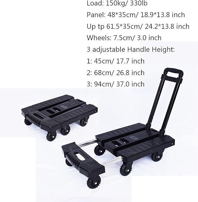Heavy-Duty 6-Wheel Folding Hand Cart with Extendable Handle - Compact Hand Truck for Home Office Travel & Luggage Moving - 330 lb Weight Capacity