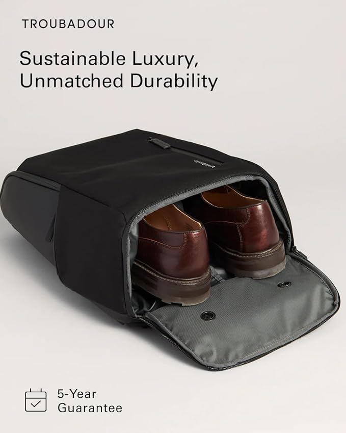 Troubadour Pioneer Backpack 3.0 - Premium Everyday Bag with Padded Laptop Section, Ventilated Shoe Compartment & Sustainable Waterproof Material - All-Day LIghtweight Comfort Design - Black