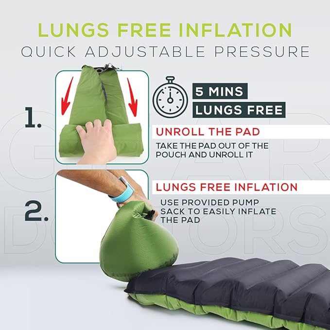 Gear Doctors ApolloAir 5.2R-Value [17oz] Ultralight Insulated Inflatable Camping Sleeping Pad–Backpacking Air Mattress–Camping Mattress Pad–Compact Foam Self-Inflating Outdoor Sleeping Mat Backpacking