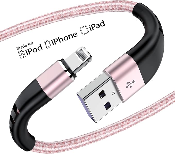 Essri 2Pack for iPhone Charger Cord 1FT, Lighting Cable 1 Feet to USB Charging Cable, Nylon Braided Charging Cord 1 Foot Compatible with iPhone 14 13 12 11 X XS XR 15 Pad - Pink