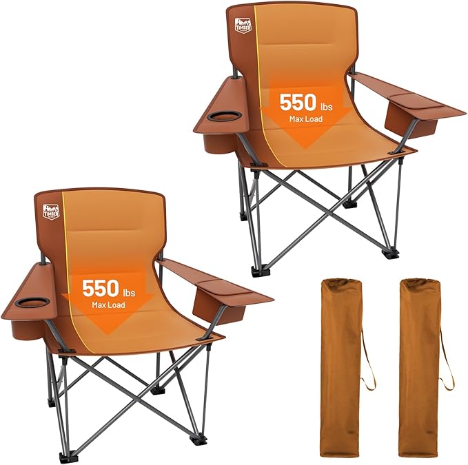 TIMBER RIDGE Oversized Folding Camping Chair for Adults, Support 550 LBS Heavy Duty with Cup Holder Side Pocket for Camp, Lawn, Picnic, Oange, 2 Pack