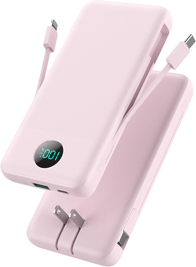 Portable Charger 13800mAh Slim USB C Power Bank with Built in Cables and Wall Plug,LCD Display Lightweight Travel Battery Pack,PD Fast Charging Compatible with iPhone 15,14,Samsung Android-Pink