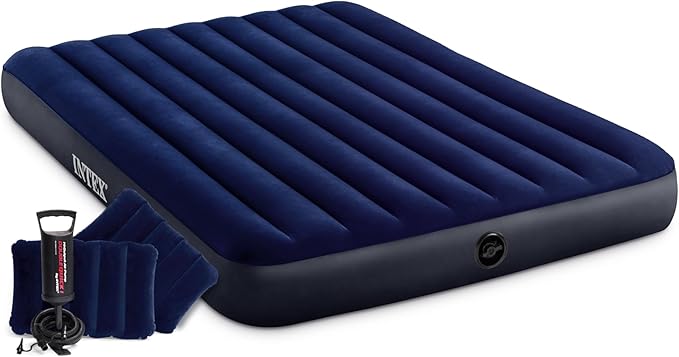 Intex 64765E Dura-Beam Standard Classic Air Mattress with Inflatable Pillows: Fiber-Tech - Queen Size - Hand Pump - 10in Bed Height - 600lb Weight Capacity