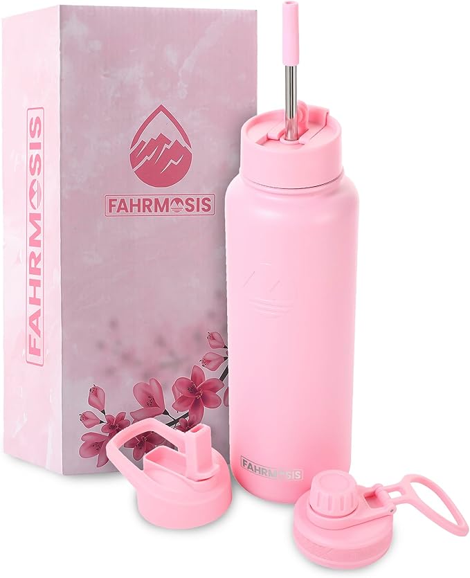 40 Oz Water Bottle with Straw Stainless Steel Sports Water Bottle with 3 Lids (Straw, Chug and Flip Lid) Insulated Leak Proof Metal Jug for Men & Women - Pink