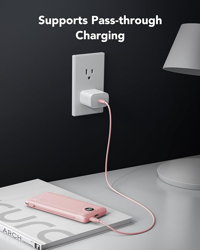 VRURC Portable Charger Power Bank with Wall Plug, 10000mAh Portable Charger with Built in Cables, PD 20W Fast Charging Portable Charger with Cords External Charger Travel Accessories-Pink(1 Pack)