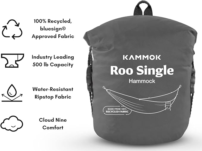KAMMOK: Roo Single Hammock | Made from Strong & 100% Recycled Water Resistant Ripstop Fabric | Comfortable, Packable, Lightweight (Lifetime Adventure Grade Warranty), Granite Gray
