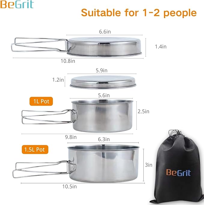 BeGrit Backpacking Camping Cookware Mini Picnic Camping Cooking Mess Kit with Pot and Pan Set for Hiking