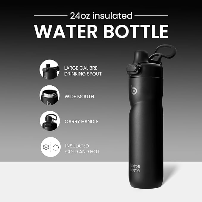 BOTTLE BOTTLE Insulated Water Bottle 24 oz with Handle and Flip Tops Lids Stainless Steel Water Bottle Push Button Lid Leak proof Portable for Running Travel Sports Hiking black