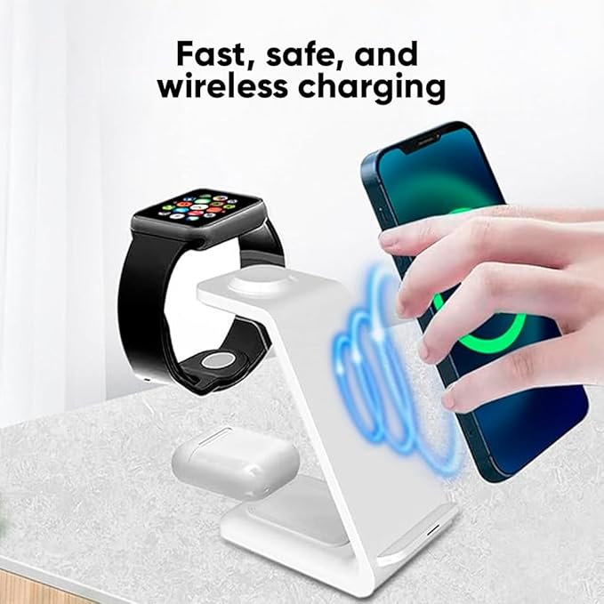 3-in-1 Magnetic Wireless Charger – Fast Charging Dock for iPhone, Apple Watch & AirPods – Foldable Stand with USB-C Cable (White)