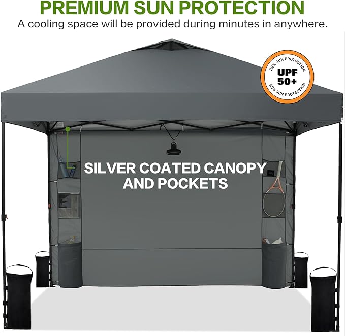 10'x10' Pop Up Canopy Tent with 1 Sidewall and 6 Pockets, One Push Setup, Instant Shade Tent with Vented Roof for Beach Patio Outdoor, Case, 8 Stakes, 4 Ropes, 4 Sandbags (Gray, 10x10)