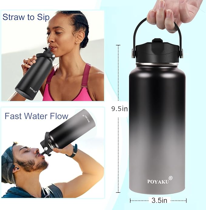 Water Bottle Insulated 32oz 40oz 64oz 128oz Straw Lid Spout Lid & 3 Lids, Leak Proof, Vacuum Insulated,Stainless Steel Water Bottle Wide Mouth for Sports, Gym or Office