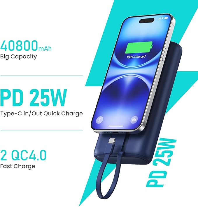 Portable Charger 40,800mAh Power Bank 25W Portable Battery Pack with 2 Built in Cables [2024 Upgraded], PD QC4.0 Fast Charging Portable Phone Charger Compatible with iPhone 16/15,Android Samsung-Navy