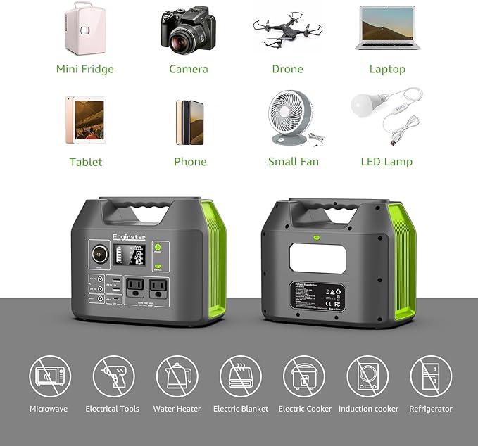 EnginStar Solar Generator, 300W Portable Power Station, 296Wh Lithium Battery Backup w/Two 110V Pure Sine Wave AC Outlet for Camping Road Trip RV, 80000mAh Sufficient Power Supply for Blackout