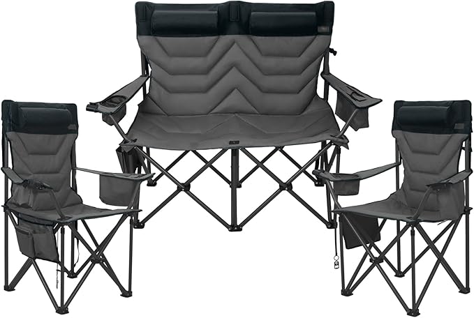 Oversized High-Back Camping Chairs with Pillow, Dual Cup Holders & Cooler Bag - Heavy Duty Foldable Outdoor Chair for Adults4PC (1, BLACKGREY-3PC-SET)