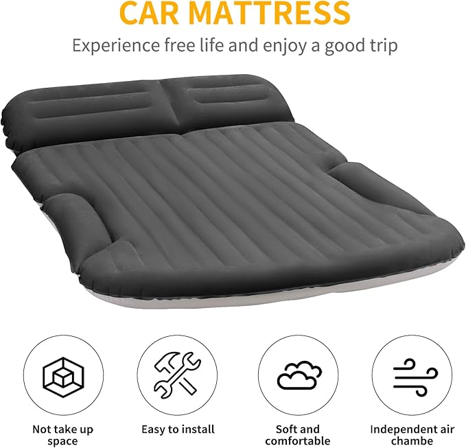 KMZ SUV Air Mattress Thickened and Double-Sided Flocking Travel Camping Bed with 2 Pillows & Electric Pump Dedicated Mobile Cushion Inflatable Bed for SUV Trunk and Rear Seat (Dark Gray)