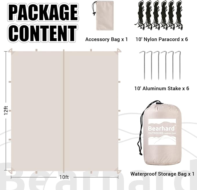 Bearhard Waterproof Camping Tarp, Lightweight Hammock Rain Fly, UV Protection and PU 3000mm Waterproof Backpacking Tarp, 10x10ft/10x12ft Large Tent Footprint or Shelter Kit for Hiking and Outdoor Adventure