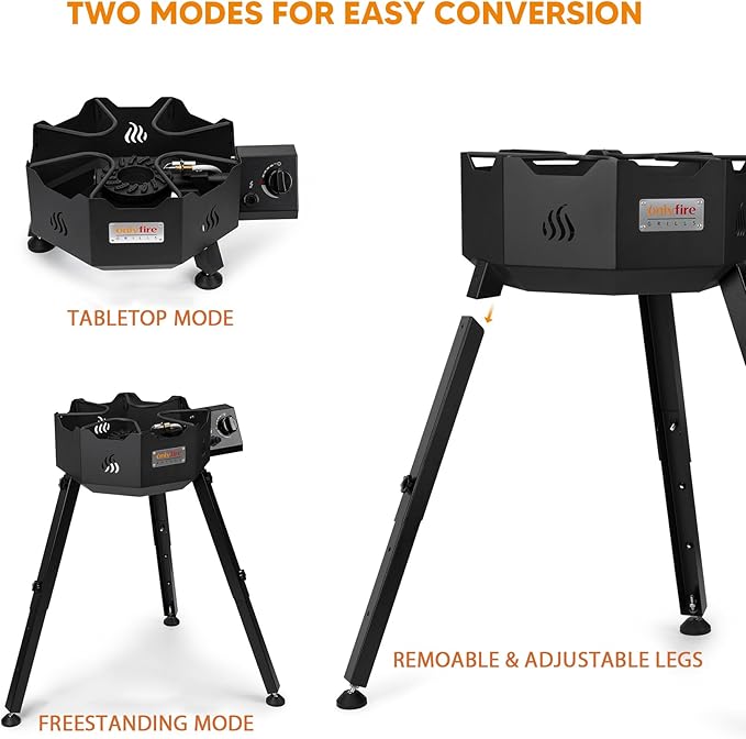 ONLYFIRE Portable Gas Burner with Adjustable Removable Legs, Propane Camping Stove for Backyard RV Tailgating Outdoor Cooking, works for Wok, Skillet, Frying Pan, Pot, 4FT Hose, 65000BTU, GS301