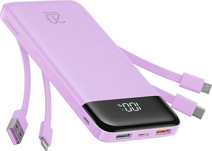 charmast 20000mAh Portable Charger with Built in Cables, 22.5W Travel Power Bank Fast Charging, USB C Cell Phone Battery Pack for iPhone 16/15/14/13/12/11 Series, iPad, Samsung, Android, Tablet