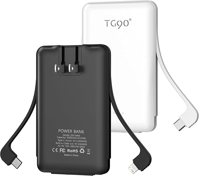 TG90° 2 Pack Portable Charger with Built-in Foldable AC Wall Plug and Cables, 5000mAh 3 Outputs Battery Pack Mini External Power Bank Compatible with iPhone and Android Smart Devices