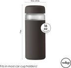 W&P Porter Glass Wide Mouth Bottle w/ Protective Silicone Sleeve | Charcoal 16 Ounces | On-the-Go | Reusable Bottle | Portable and Lightweight | Dishwasher Safe
