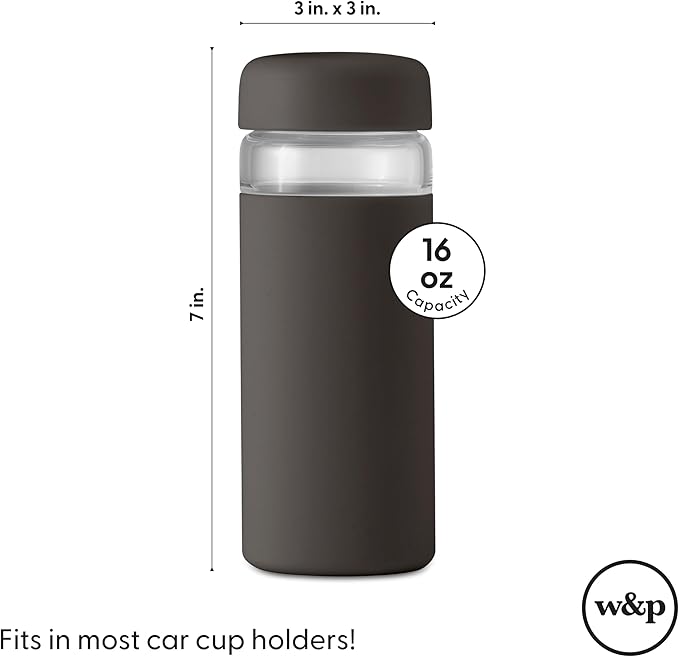 W&P Porter Glass Wide Mouth Bottle w/ Protective Silicone Sleeve | Blush 16 Ounces | On-the-Go | Reusable Bottle | Portable and Lightweight | Dishwasher Safe